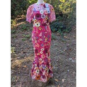 DALIA MACPHEE Lace Embroidered 3D Pink Floral Appliqué Maxi Dress Gown D2020 Med